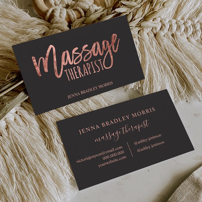 Modern massage therapist script rose gold foil business card (Creator Uploaded)