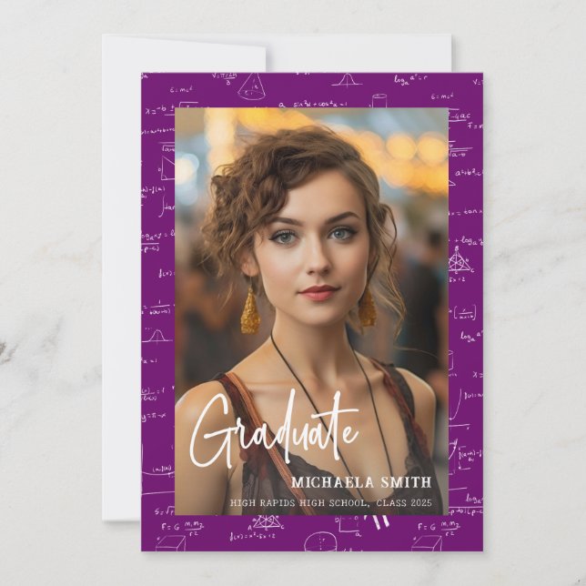 Modern Math Script Photo Purple Graduation  Announcement (Front)