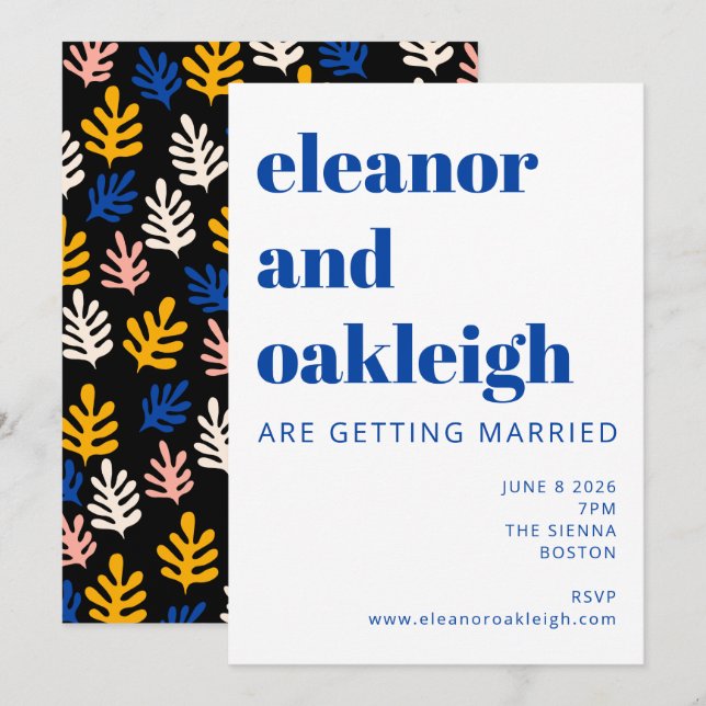 Modern Matisse Botanical Blue Black Wedding Invitation (Front/Back)