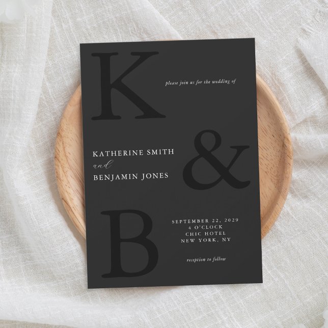 Modern Matte Black Monogram Minimalist Wedding Invitation (Creator Uploaded)