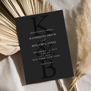 Modern Matte Black Monogram Minimalist Wedding Invitation