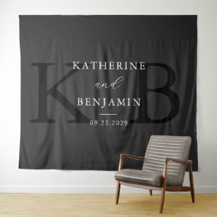 Modern Matte Black Monogram Wedding Backdrop Tapestry