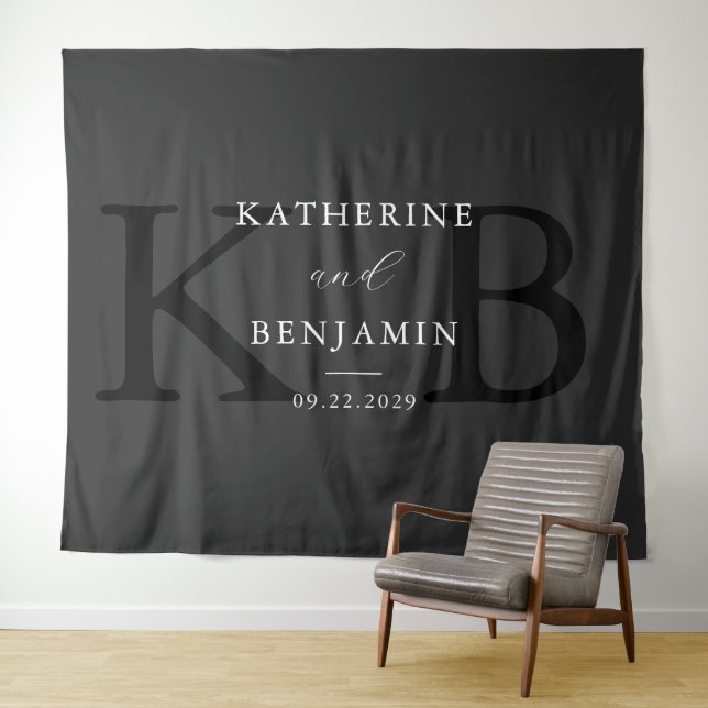 Modern Matte Black Monogram Wedding Backdrop Tapestry (In Situ (Horizontal))