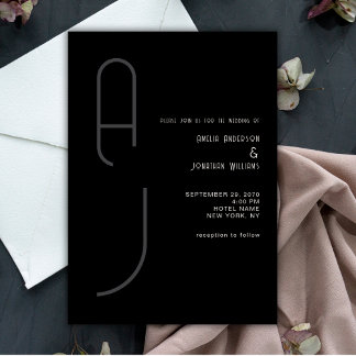 Modern Matte Monogram Minimal Wedding Black White  Invitation