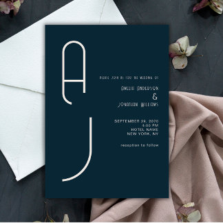 Modern Matte Monogram Minimal Wedding Navy Blue Invitation