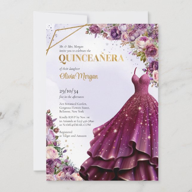 Modern mauve and gold floral formal long dress invitation (Front)