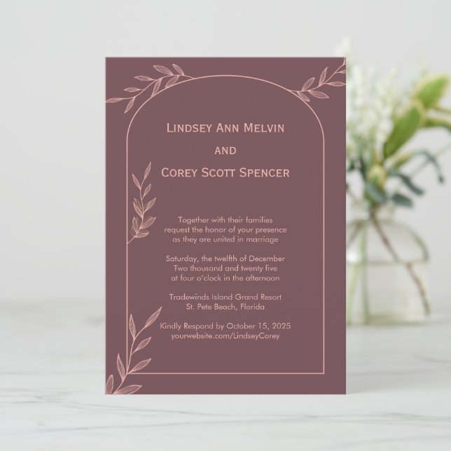 Modern Mauve and Pink Leaf Wedding Invitation (Standing Front)