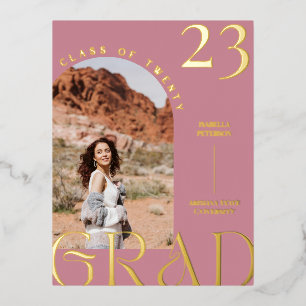 Modern Mauve Boho Chic Arch Frame Graduation Photo Foil Holiday Postcard