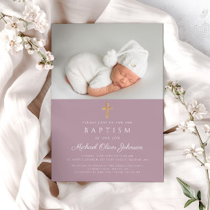 Modern Mauve Religious Cross Photo Baptism Invitation