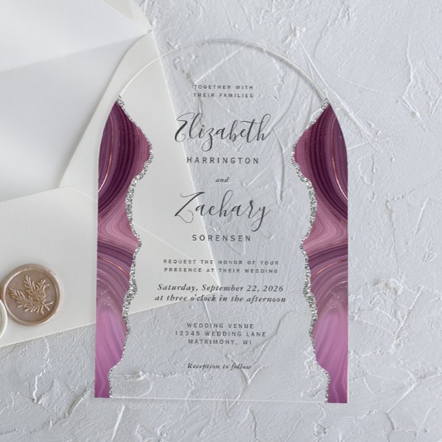 Modern Mauve Silver Agate Wedding Arch Acrylic Invitations (Creator Uploaded)