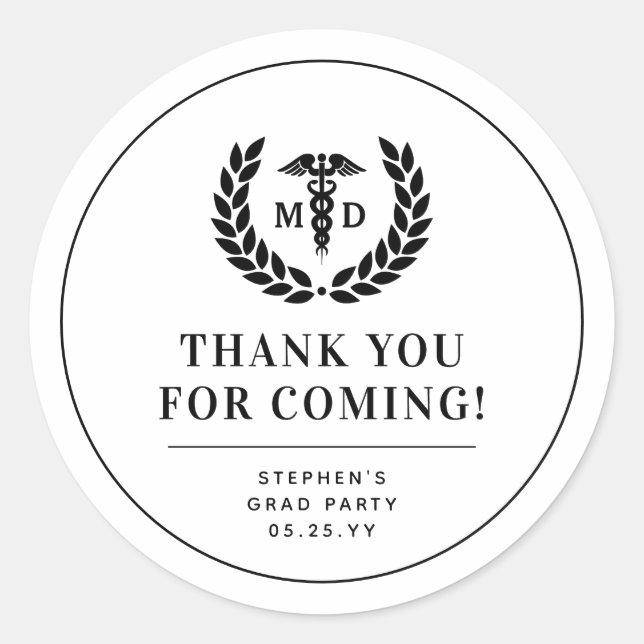 Modern MD Doctor of Medicine Graduation Thank You Classic Round Sticker (Front)
