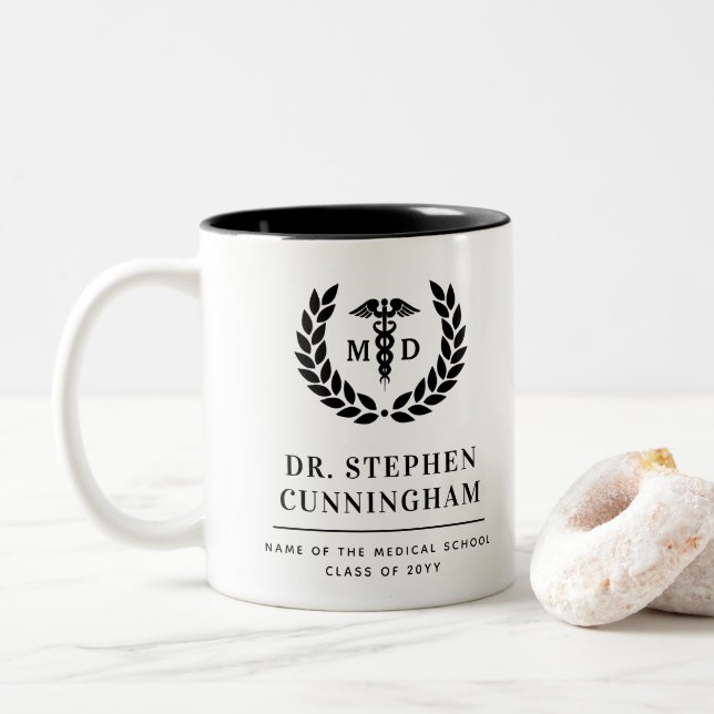 Modern MD Doctor of Medicine Med School Graduation Two-Tone Coffee Mug (With Donut)