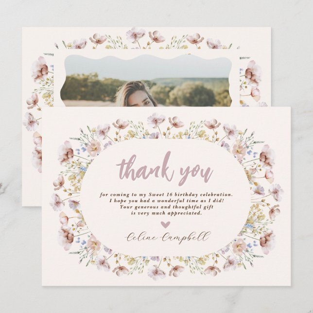 Modern Meadow Wildflower Sweet 16 Birthday Thank You Card (Front/Back)
