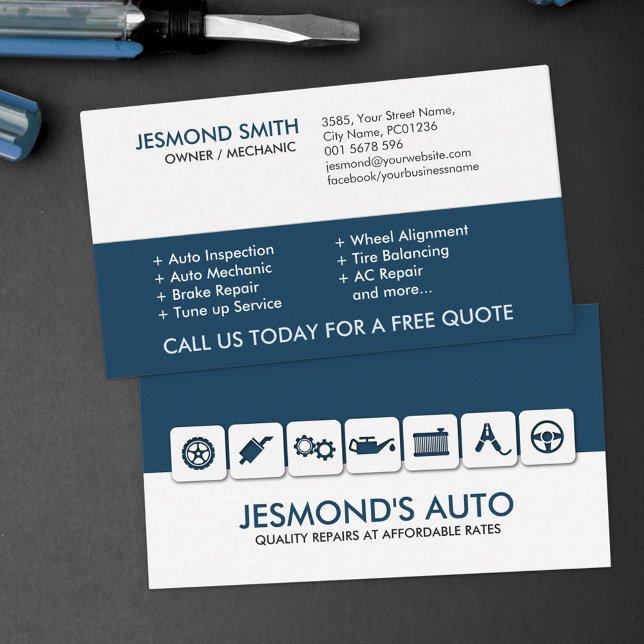 Modern Mechanic Car Repair with icons Business Card (Creator Uploaded)