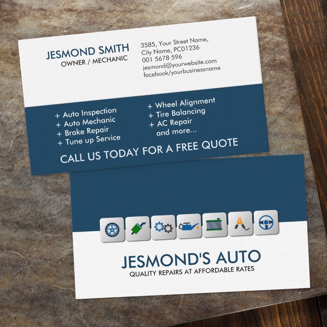 Modern Mechanic Car Repair with icons Business Card (Creator Uploaded)