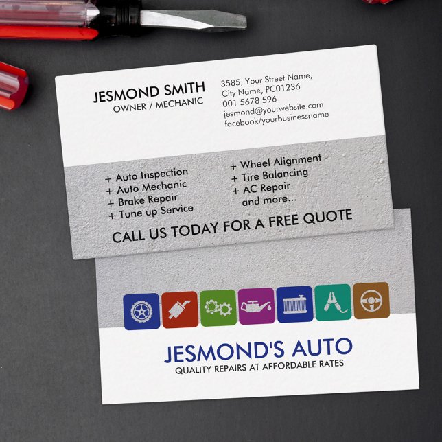 Modern Mechanic Car Repair with icons Business Card (Creator Uploaded)