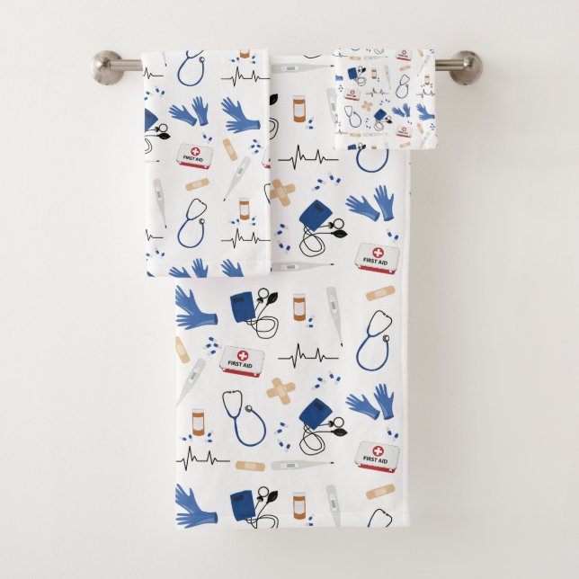 Modern Medical Doctor Nurse Pattern Bath Towel Set (Insitu)