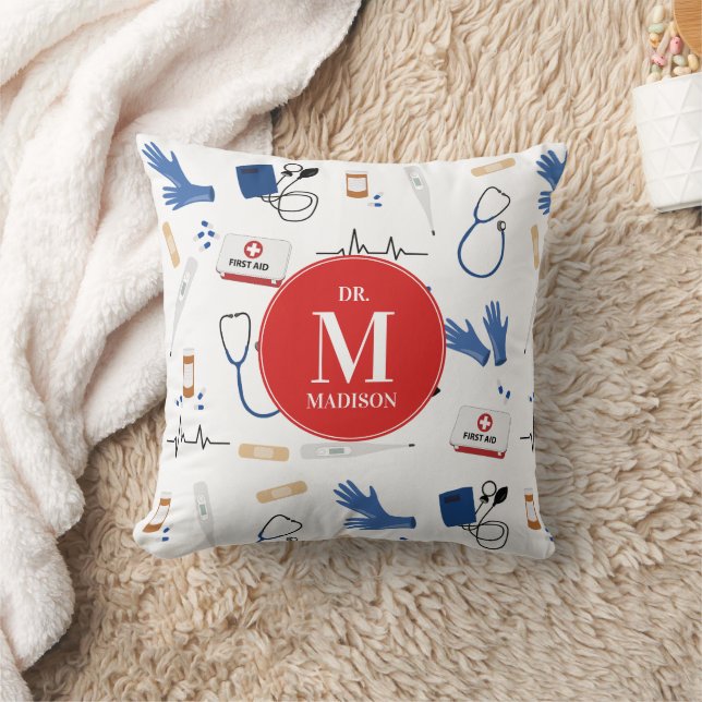 Modern Medical Doctor Nurse Pattern Monogram Cushion (Blanket)