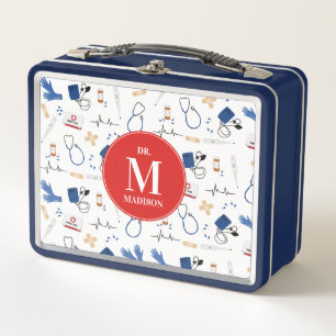 Modern Medical Doctor Nurse Pattern Monogram Metal Lunch Box