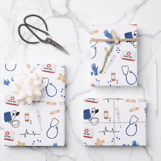 Modern Medical Doctor Nurse Pattern Wrapping Paper Sheet (Front)