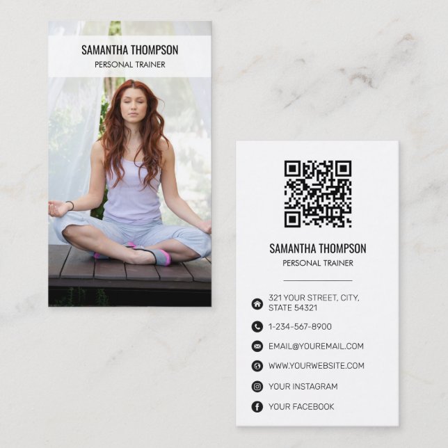 Modern Meditation Wellness Fitness Photo QR Code   Business Card (Front/Back)