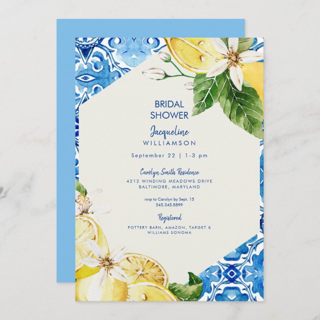 Modern Mediterranean Blue Bridal Shower Invitation (Front/Back)