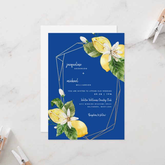 Modern Mediterranean Blue Colourful Lemons Invitation (Front/Back In Situ)