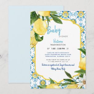 Modern Mediterranean Blue & Lemons Baby Shower Invitation