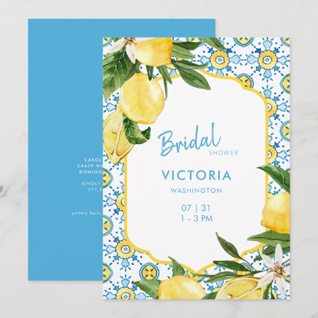 Modern Mediterranean Blue & Lemons Bridal Shower I Invitation (Front/Back)