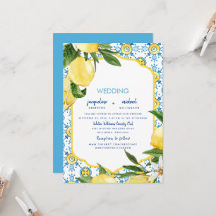 Modern Mediterranean Blue & Lemons Wedding Invitation