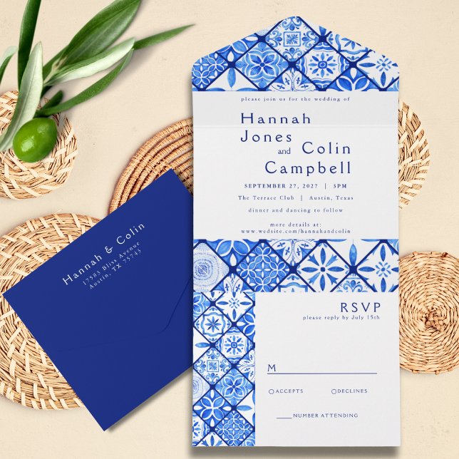 Modern Mediterranean Blue Tile Wedding All In One Invitation (Creator Uploaded)
