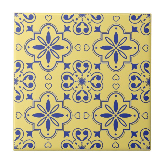 Modern Mediterranean Blue Yellow Seamless Pattern Tile (Front)