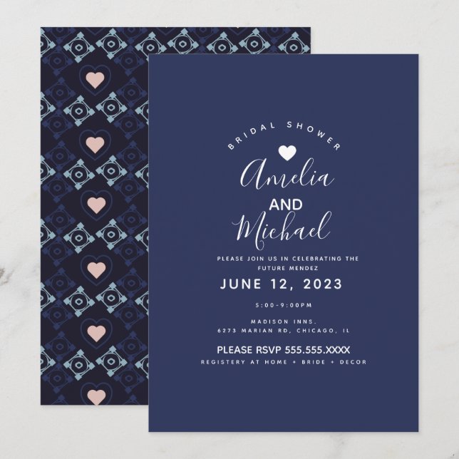 Modern Mediterranean Bridal Romantic Tiles Navy Invitation (Front/Back)