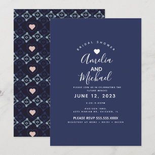 Modern Mediterranean Bridal Romantic Tiles Navy Invitation