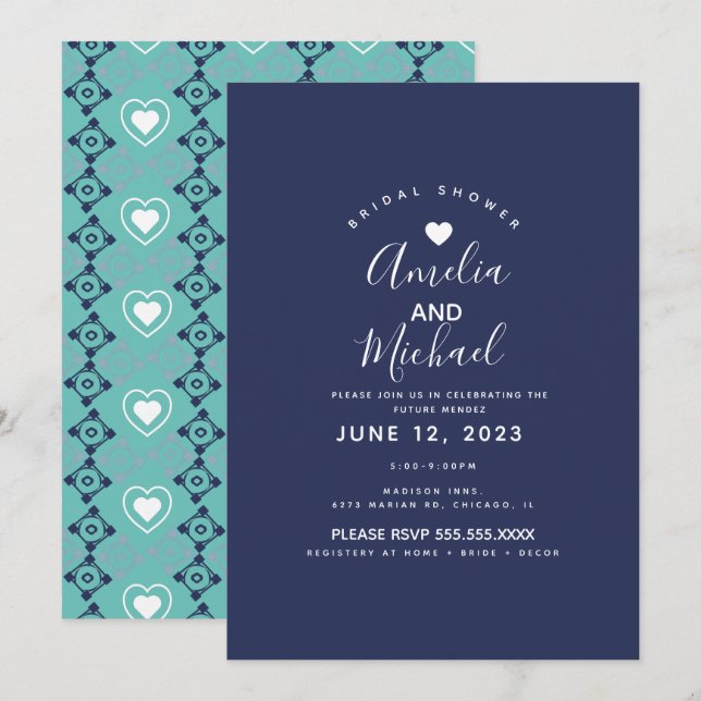Modern Mediterranean Bridal Romantic Tiles Navy Invitation (Front/Back)