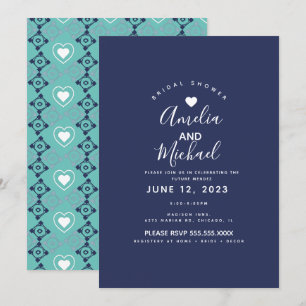 Modern Mediterranean Bridal Romantic Tiles Navy Invitation