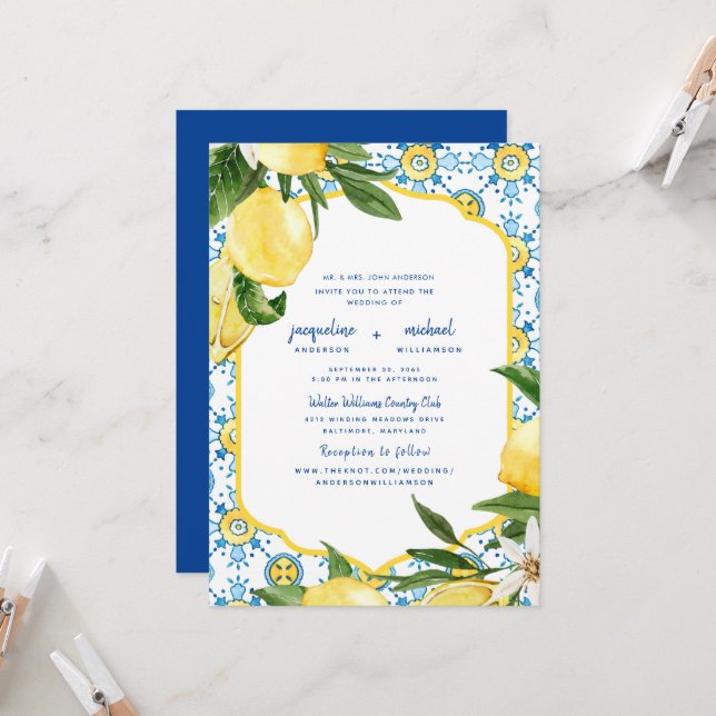 Modern Mediterranean Cobalt Blue & Lemons Parents Invitation (Front/Back In Situ)