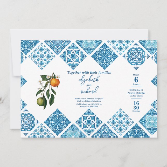 Modern Mediterranean Lemon Blue Tile Flat Save The Date (Front)