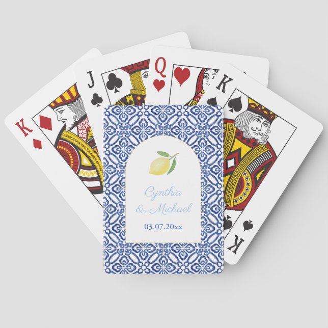 Modern Mediterranean Lemon Blue Tile Wedding Favou Playing Cards (Back)