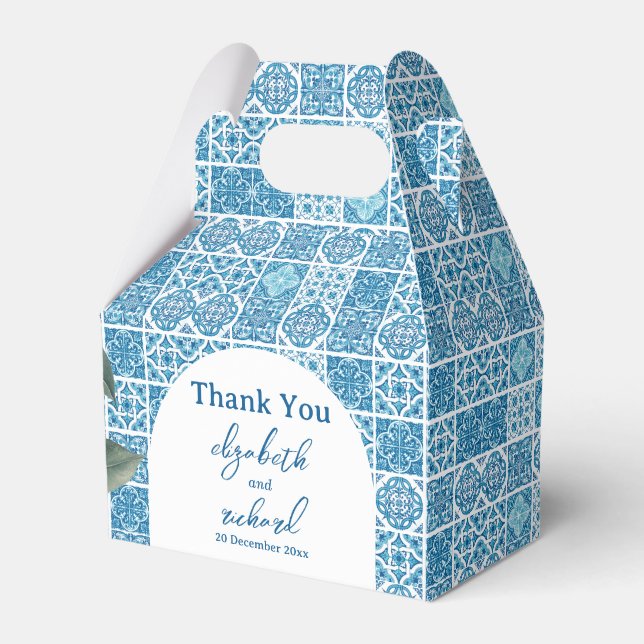 Modern Mediterranean Lemon Blue Tiles Wedding Favour Box (Front Side)