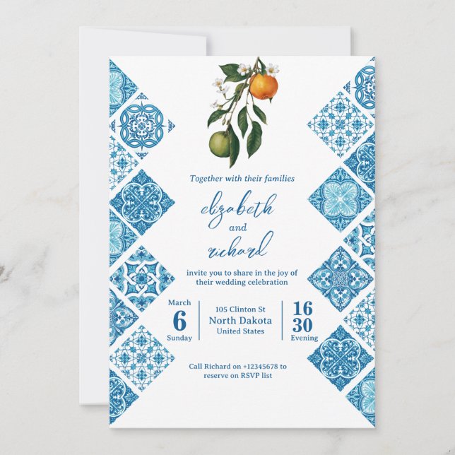Modern Mediterranean Lemon Blue Tiles Wedding Invitation (Front)