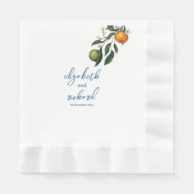 Modern Mediterranean Lemon Blue Tiles Wedding Napkin (Front)