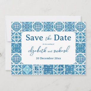 Modern Mediterranean Lemon Blue Tiles Wedding Save The Date