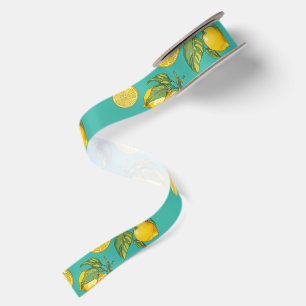 Modern Mediterranean Yellow Turquoise Lemon Citrus Satin Ribbon