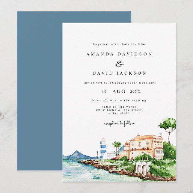 Modern Mediterrenean Beach Summer Greek Wedding Invitation (Front/Back)