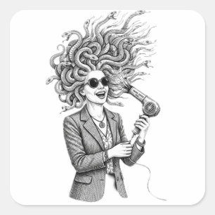 Modern Medusa Using Hair Dryer Funny Mythology Ill Square Sticker
