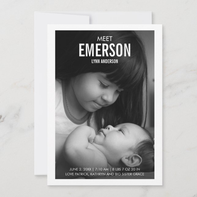 Modern Meet Baby Photo Birth Announcement Card (Front)
