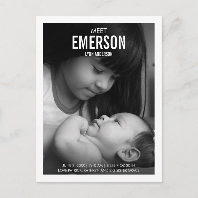 Modern Meet Baby Photo Birth Announcement Postcard (Front)