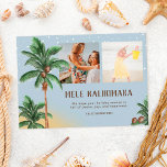 Modern Mele Kalikimaka Hawai Christmas palm photo Holiday Card<br><div class="desc">Modern Mele Kalikimaka Hawai Christmas palm tree watercolor illustration,  coconut and snow,  add 2 of your photo on dusty blue.</div>