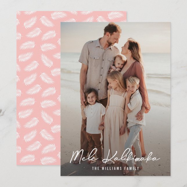 Modern Mele Kalikimaka Palm Leaves Pink Photo Holiday Card (Front/Back)
